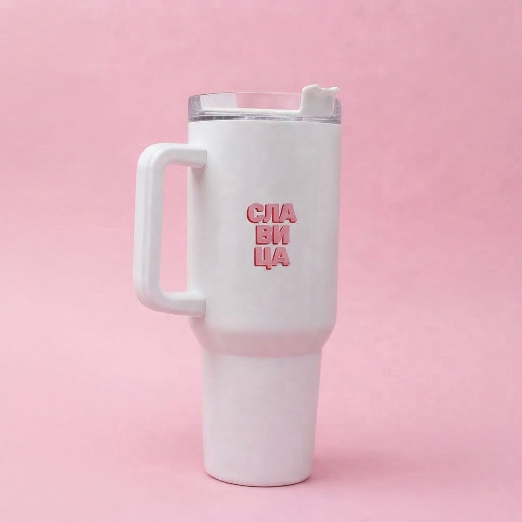 Beli veliki tumbler sa ručkom i natpisom Slavica
